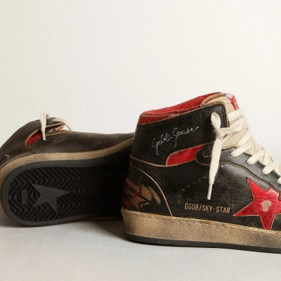 Golden Goose Sky-Star In Black Glossy Leather With Red Star Golden Goose Sky-Star In Black Glossy Leather With Red Star