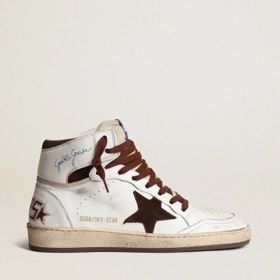 Golden Goose Sky-Star In White Nappa Leather With Chocolate Suede Star Golden Goose Sky-Star In White Nappa Leather With Chocolate Suede Star