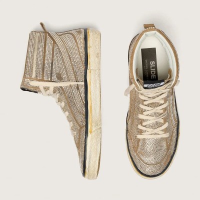 Golden Goose Slide Lab Sneakers In Tobacco-Colored Suede With Crystals And Tobacco-Colored Suede Star Golden Goose Slide Lab Sneakers In Tobacco-Colored Suede With Crystals And Tobacco-Colored Suede Star