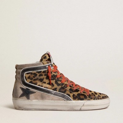 Golden Goose Slide Ltd In Leopard-Print Pony Skin With Metallic Leather Star And Flash Golden Goose Slide Ltd In Leopard-Print Pony Skin With Metallic Leather Star And Flash