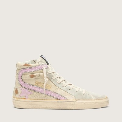 Golden Goose Slide In Beige With Pink Metallic Leather Star And Flash