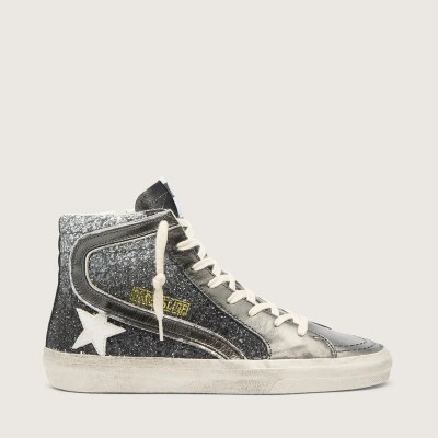 Golden Goose Slide In Black And Silver Glitter With Leather Star And Metallic Flash Golden Goose Slide In Black And Silver Glitter With Leather Star And Metallic Flash