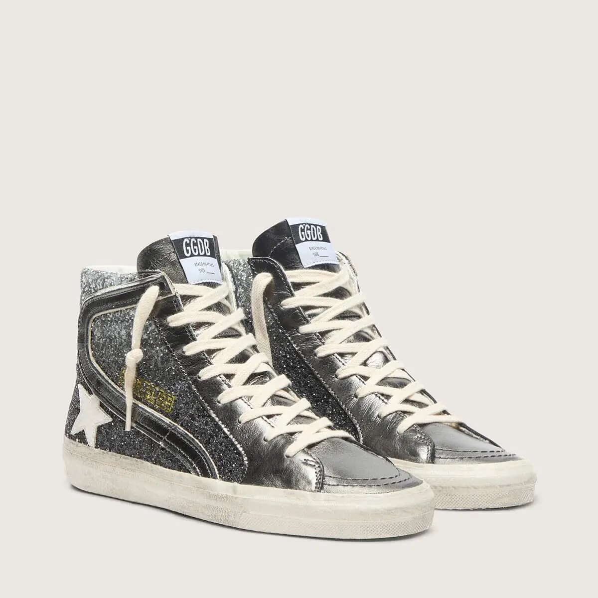 Golden Goose Slide In Black And Silver Glitter With Leather Star And Metallic Flash Golden Goose Slide In Black And Silver Glitter With Leather Star And Metallic Flash