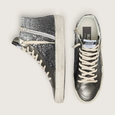 Golden Goose Slide In Black And Silver Glitter With Leather Star And Metallic Flash Golden Goose Slide In Black And Silver Glitter With Leather Star And Metallic Flash