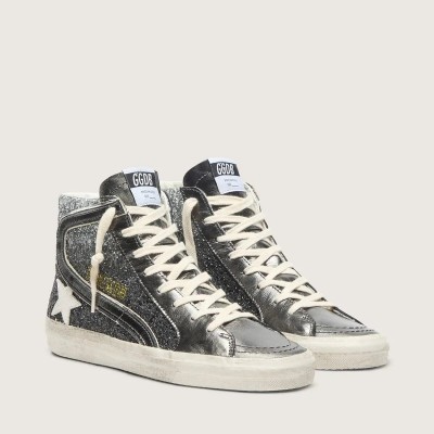 Golden Goose Slide In Black And Silver Glitter With Leather Star And Metallic Flash Golden Goose Slide In Black And Silver Glitter With Leather Star And Metallic Flash