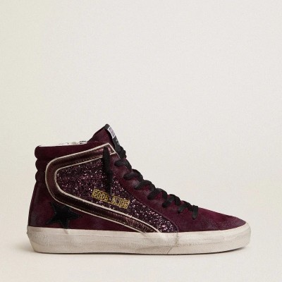 Golden Goose Slide In Black Cherry Glitter And Suede With Leather Star And Metallic Leather Flash Golden Goose Slide In Black Cherry Glitter And Suede With Leather Star And Metallic Leather Flash