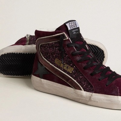 Golden Goose Slide In Black Cherry Glitter And Suede With Leather Star And Metallic Leather Flash Golden Goose Slide In Black Cherry Glitter And Suede With Leather Star And Metallic Leather Flash