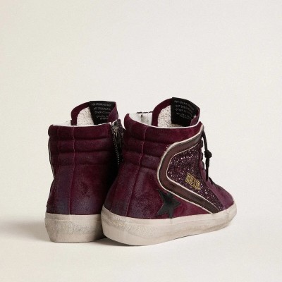 Golden Goose Slide In Black Cherry Glitter And Suede With Leather Star And Metallic Leather Flash Golden Goose Slide In Black Cherry Glitter And Suede With Leather Star And Metallic Leather Flash