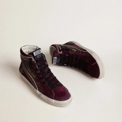 Golden Goose Slide In Black Cherry Glitter And Suede With Leather Star And Metallic Leather Flash Golden Goose Slide In Black Cherry Glitter And Suede With Leather Star And Metallic Leather Flash