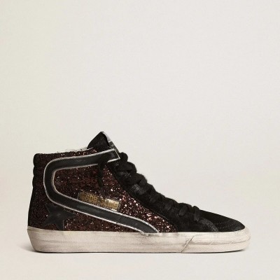 Golden Goose Slide In Brown Glitter With Black Leather Star And Flash Golden Goose Slide In Brown Glitter With Black Leather Star And Flash