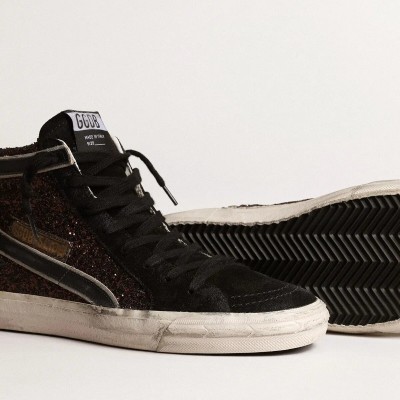 Golden Goose Slide In Brown Glitter With Black Leather Star And Flash Golden Goose Slide In Brown Glitter With Black Leather Star And Flash