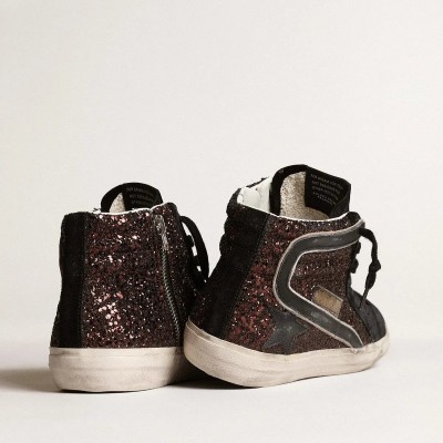 Golden Goose Slide In Brown Glitter With Black Leather Star And Flash Golden Goose Slide In Brown Glitter With Black Leather Star And Flash
