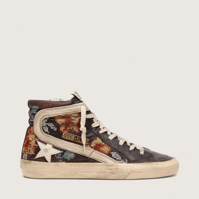 Golden Goose Slide In Ebony Leather With Cream Star And Multicolor Embroidery Golden Goose Slide In Ebony Leather With Cream Star And Multicolor Embroidery