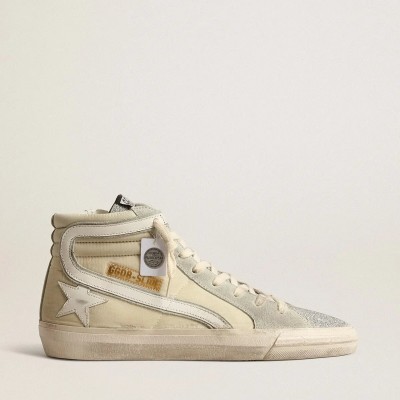 Golden Goose Slide In Ivory Nylon With White Leather Star And Swaroski Tongue Golden Goose Slide In Ivory Nylon With White Leather Star And Swaroski Tongue