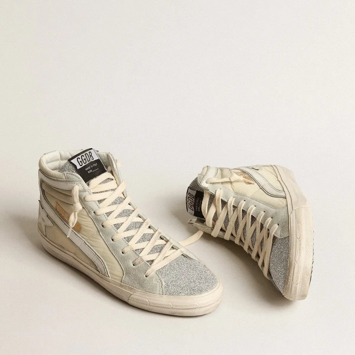 Golden Goose Slide In Ivory Nylon With White Leather Star And Swaroski Tongue Golden Goose Slide In Ivory Nylon With White Leather Star And Swaroski Tongue