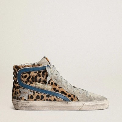 Golden Goose Slide In Leopard Print Pony Skin With Silver Leather Star Golden Goose Slide In Leopard Print Pony Skin With Silver Leather Star