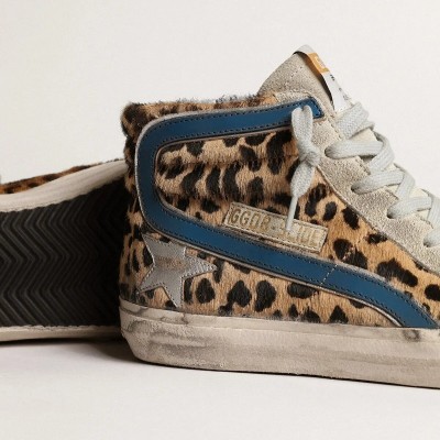 Golden Goose Slide In Leopard Print Pony Skin With Silver Leather Star Golden Goose Slide In Leopard Print Pony Skin With Silver Leather Star