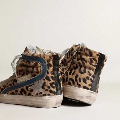 Golden Goose Slide In Leopard Print Pony Skin With Silver Leather Star Golden Goose Slide In Leopard Print Pony Skin With Silver Leather Star