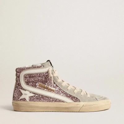 Golden Goose Slide In Lilac Glitter With White Leather Star And Flash Golden Goose Slide In Lilac Glitter With White Leather Star And Flash