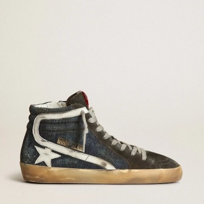 Golden Goose Slide In Midnight-Blue Denim With White Leather Star Golden Goose Slide In Midnight-Blue Denim With White Leather Star
