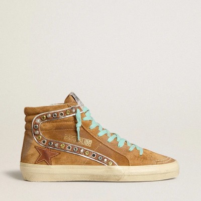 Golden Goose Slide In Ocher-Colored Suede With Tobacco-Colored Leather Star