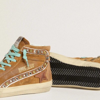 Golden Goose Slide In Ocher-Colored Suede With Tobacco-Colored Leather Star
