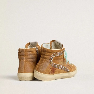 Golden Goose Slide In Ocher-Colored Suede With Tobacco-Colored Leather Star