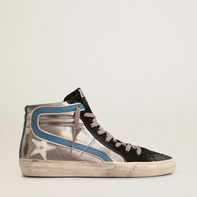 Golden Goose Slide In Silver Metallic Leather With White Leather Star Golden Goose Slide In Silver Metallic Leather With White Leather Star