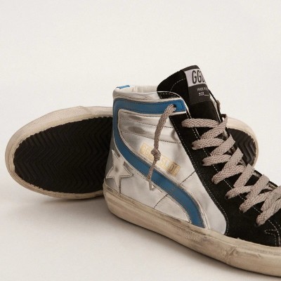 Golden Goose Slide In Silver Metallic Leather With White Leather Star Golden Goose Slide In Silver Metallic Leather With White Leather Star