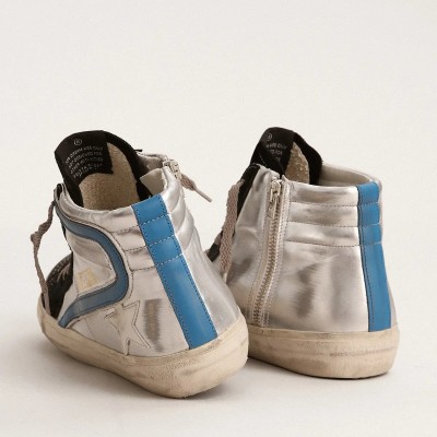 Golden Goose Slide In Silver Metallic Leather With White Leather Star Golden Goose Slide In Silver Metallic Leather With White Leather Star