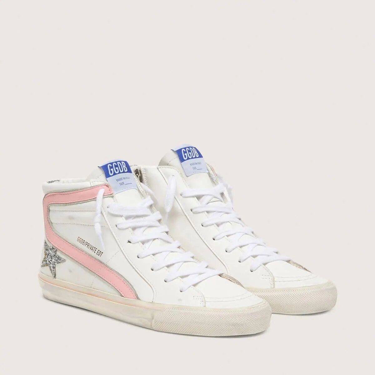 Golden Goose Slide In White Leather With Silver Glitter Star And Pink Leather Flash Golden Goose Slide In White Leather With Silver Glitter Star And Pink Leather Flash