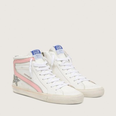 Golden Goose Slide In White Leather With Silver Glitter Star And Pink Leather Flash Golden Goose Slide In White Leather With Silver Glitter Star And Pink Leather Flash