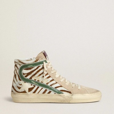 Golden Goose Slide In Zebra-Print Pony Skin With Green Laminated Leather Flash Golden Goose Slide In Zebra-Print Pony Skin With Green Laminated Leather Flash