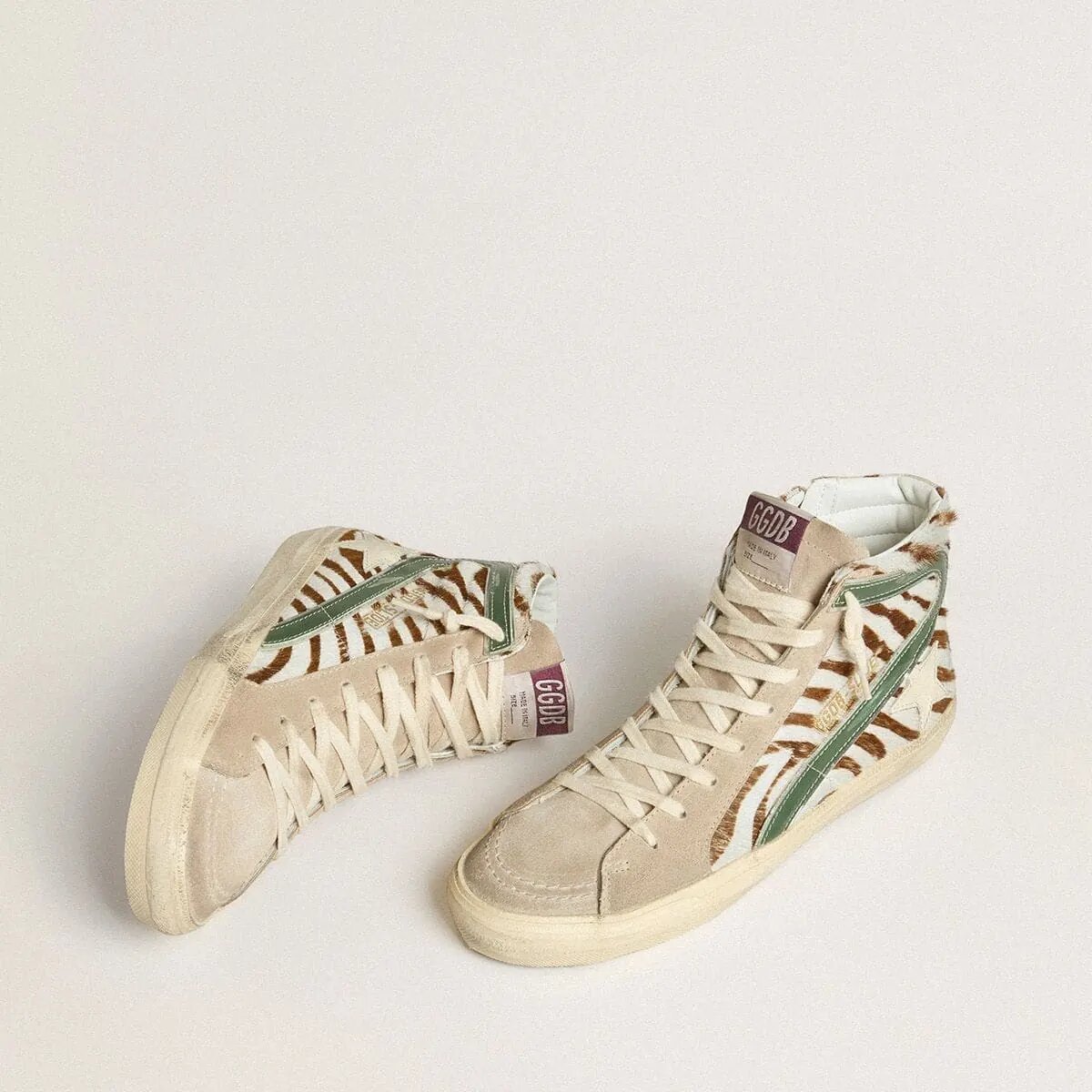 Golden Goose Slide In Zebra-Print Pony Skin With Green Laminated Leather Flash Golden Goose Slide In Zebra-Print Pony Skin With Green Laminated Leather Flash