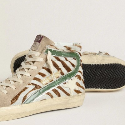 Golden Goose Slide In Zebra-Print Pony Skin With Green Laminated Leather Flash Golden Goose Slide In Zebra-Print Pony Skin With Green Laminated Leather Flash