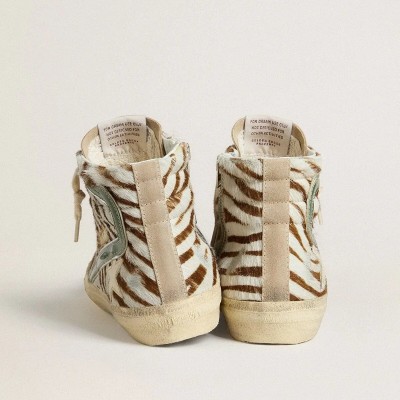 Golden Goose Slide In Zebra-Print Pony Skin With Green Laminated Leather Flash Golden Goose Slide In Zebra-Print Pony Skin With Green Laminated Leather Flash