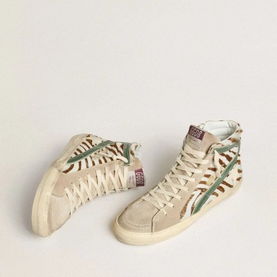 Golden Goose Slide In Zebra-Print Pony Skin With Green Laminated Leather Flash Golden Goose Slide In Zebra-Print Pony Skin With Green Laminated Leather Flash