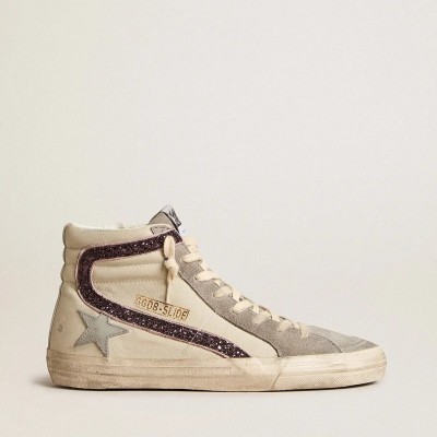 Golden Goose Slide With Gray Leather Star And Wine-Colored Glitter Flash Golden Goose Slide With Gray Leather Star And Wine-Colored Glitter Flash