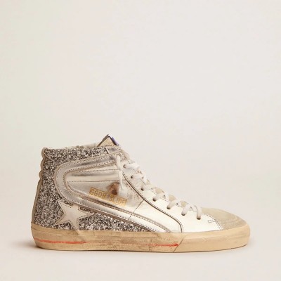 Golden Goose Slide With Laminated Leather Upper And Silver Glitter Golden Goose Slide With Laminated Leather Upper And Silver Glitter