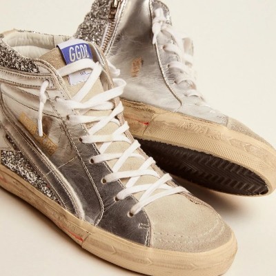 Golden Goose Slide With Laminated Leather Upper And Silver Glitter Golden Goose Slide With Laminated Leather Upper And Silver Glitter