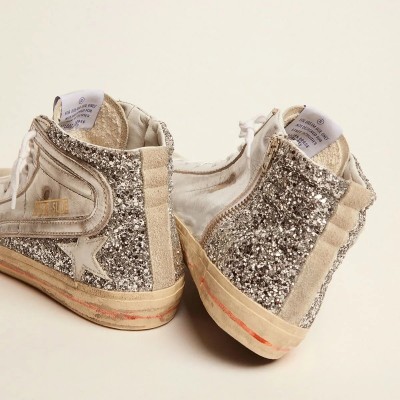 Golden Goose Slide With Laminated Leather Upper And Silver Glitter Golden Goose Slide With Laminated Leather Upper And Silver Glitter