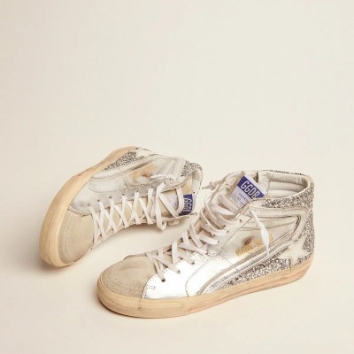 Golden Goose Slide With Laminated Leather Upper And Silver Glitter Golden Goose Slide With Laminated Leather Upper And Silver Glitter