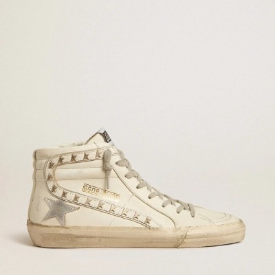 Golden Goose Slide With Silver Metallic Leather Star And Leather Flash With Stars Golden Goose Slide With Silver Metallic Leather Star And Leather Flash With Stars