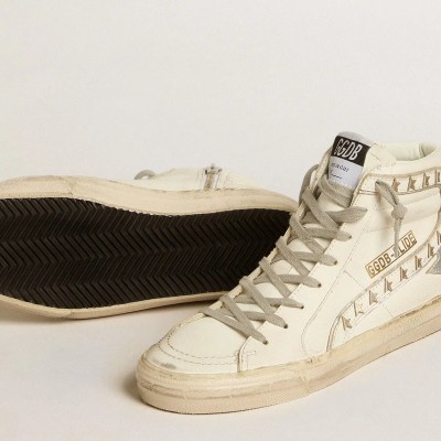 Golden Goose Slide With Silver Metallic Leather Star And Leather Flash With Stars Golden Goose Slide With Silver Metallic Leather Star And Leather Flash With Stars