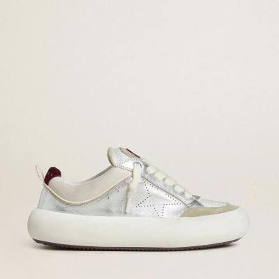 Golden Goose Space-Star Cube In Ice-Gray And Silver Leather With Burgundy Heel Tab Golden Goose Space-Star Cube In Ice-Gray And Silver Leather With Burgundy Heel Tab