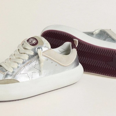 Golden Goose Space-Star Cube In Ice-Gray And Silver Leather With Burgundy Heel Tab Golden Goose Space-Star Cube In Ice-Gray And Silver Leather With Burgundy Heel Tab
