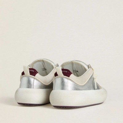 Golden Goose Space-Star Cube In Ice-Gray And Silver Leather With Burgundy Heel Tab Golden Goose Space-Star Cube In Ice-Gray And Silver Leather With Burgundy Heel Tab