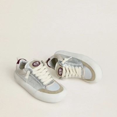 Golden Goose Space-Star Cube In Ice-Gray And Silver Leather With Burgundy Heel Tab Golden Goose Space-Star Cube In Ice-Gray And Silver Leather With Burgundy Heel Tab