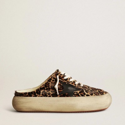 Golden Goose Space-Star Sabot In Leopard Print Pony Skin With Black Star