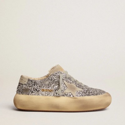 Golden Goose Space-Star In Silver Glitter With Shearling Lining Golden Goose Space-Star In Silver Glitter With Shearling Lining